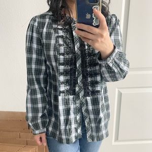 J.CREW Beaded Embellished Tartan Plaid Tulle Ruffle Top Size M Style H2215